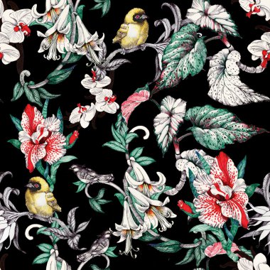  çiçekler ve kuşlar ile desen 