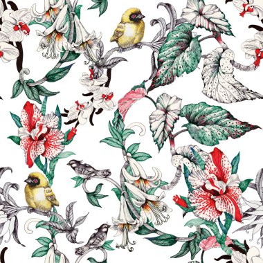  çiçekler ve kuşlar ile desen 