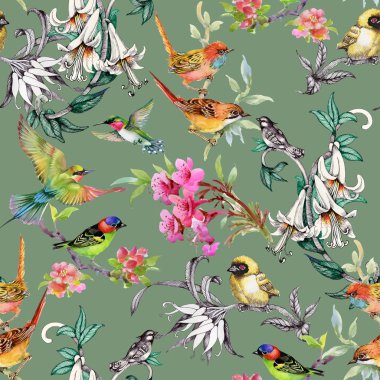  çiçekler ve kuşlar ile desen 