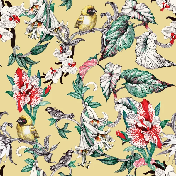 Pattern with flowers and birds — Stock Photo, Image