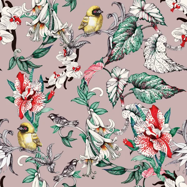 Pattern with flowers and birds — Stock Photo, Image