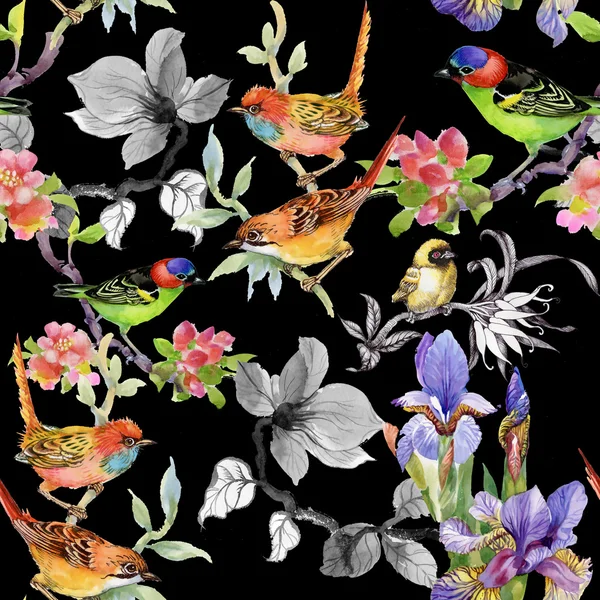 Motif avec des fleurs et des oiseaux — Photo