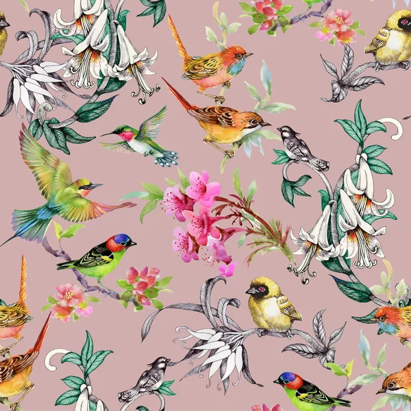 Patroon met bloemen en vogels — Stockfoto