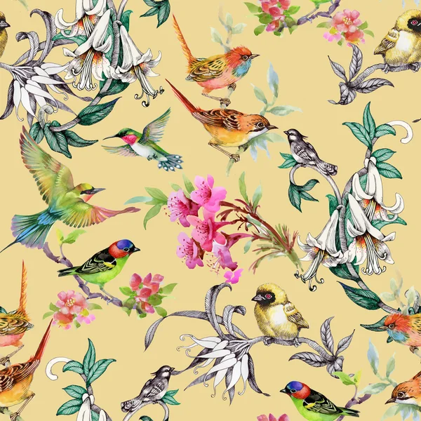 Wzór kwiaty i ptaki — Zdjęcie stockowe