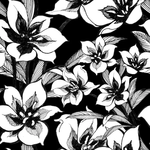 Floral inkt en aquarel naadloze patroon — Stockfoto