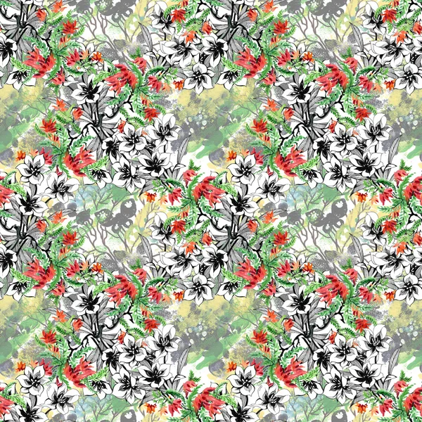 Floral ink and watercolor seamless pattern — Stock Photo, Image