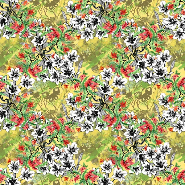 Floral ink and watercolor seamless pattern — Stock Photo, Image