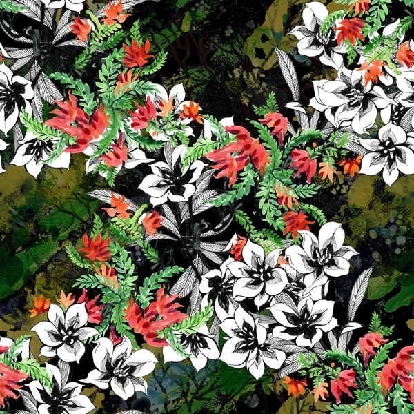 Virágos festék és akvarell zökkenőmentes minta — Stock Fotó