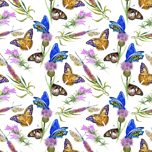 Seamless pattern with watercolor flowers and butterflies — Stock Photo, Image