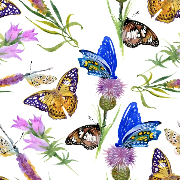 Seamless pattern with watercolor flowers and butterflies — Stock Photo, Image