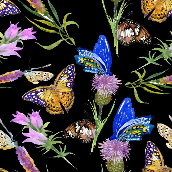 Seamless pattern with watercolor flowers and butterflies 
