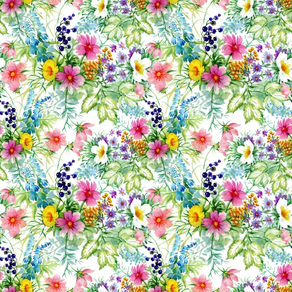 Wild berries and blooming flowers pattern — Stock Photo, Image