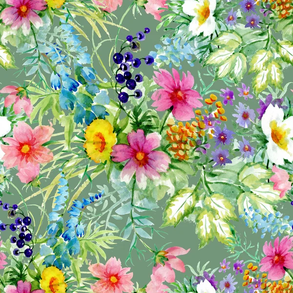 Wild berries and blooming flowers pattern — Stock Photo, Image