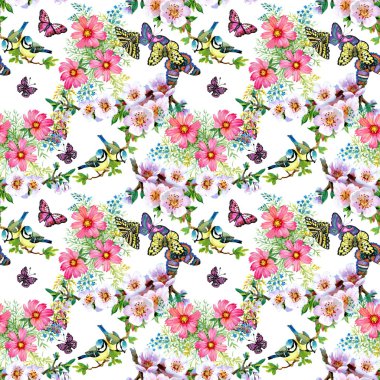 Güzel çiçekler ve kuşlar desen