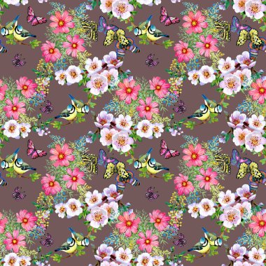 Güzel çiçekler ve kuşlar desen