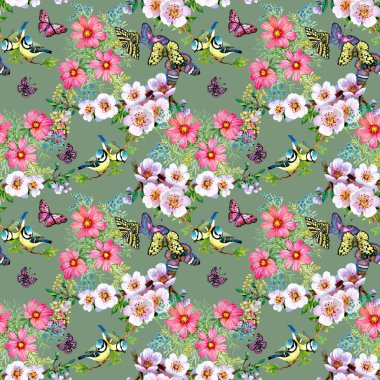 Güzel çiçekler ve kuşlar desen