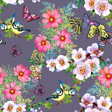 Güzel çiçekler ve kuşlar desen