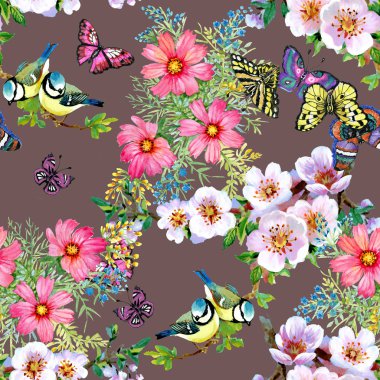 Güzel çiçekler ve kuşlar desen