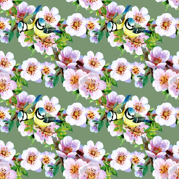 Beautiful spring flowers and birds pattern — Stock Photo, Image