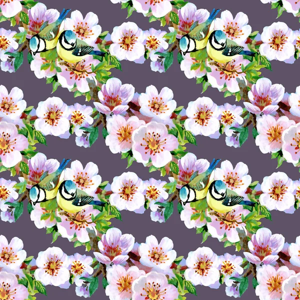 Prachtige lente bloemen en vogels patroon — Stockfoto