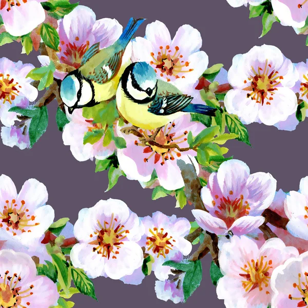 Beautiful spring flowers and birds pattern — Stock Photo, Image