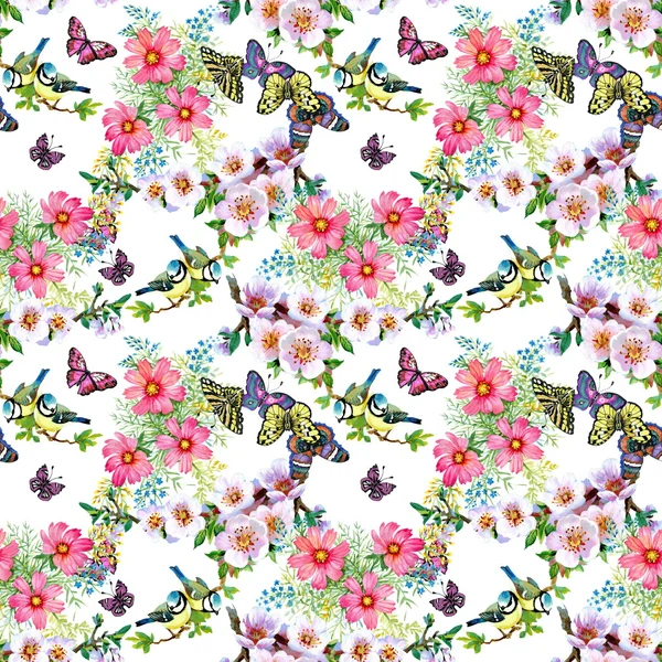 Schöne Blumen und Vögel Muster — Stockfoto
