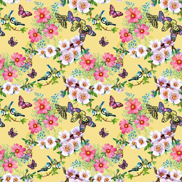 Beautiful flowers and birds pattern — Stock Photo, Image