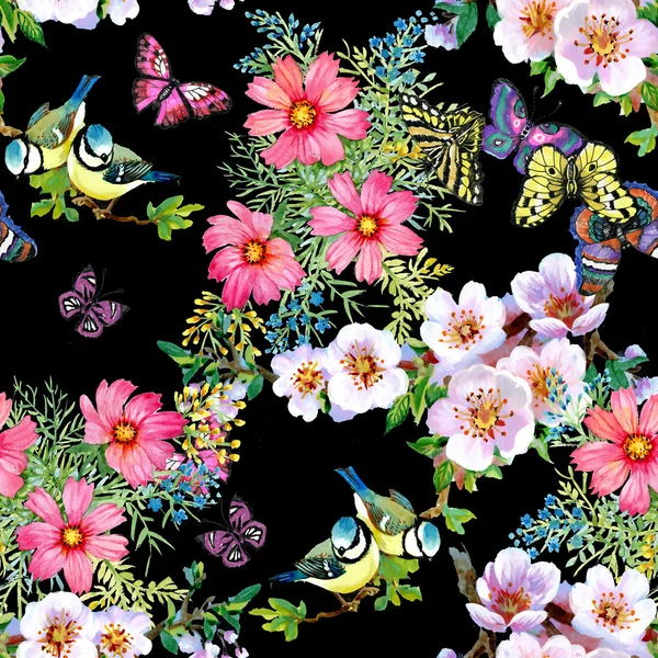 Hermosas flores y aves patrón — Foto de Stock