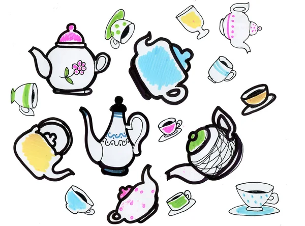 Set of cups and teapots — Stock Photo, Image