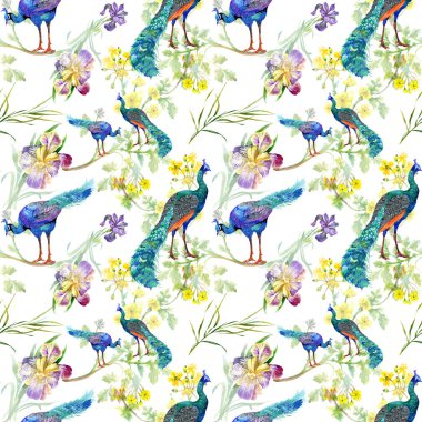 Tavus kuşu ve Iris çiçek deseni