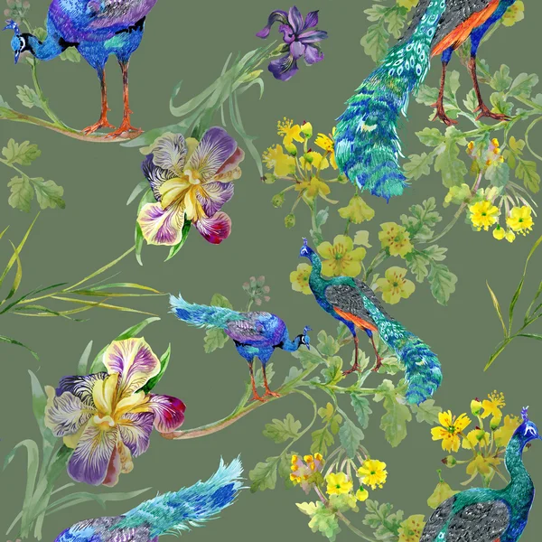 Tavus kuşu ve Iris çiçek deseni