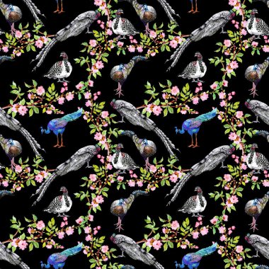 Tavus kuşu çiçekli ağaç dalları üzerinde