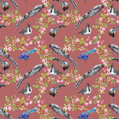 Tavus kuşu çiçekli ağaç dalları üzerinde