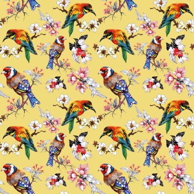 çiçek ve egzotik kuşlar ile desen 