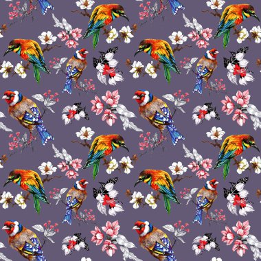 çiçek ve egzotik kuşlar ile desen 