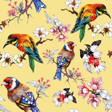 çiçek ve egzotik kuşlar ile desen 
