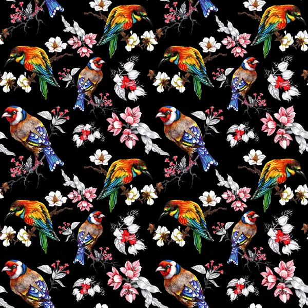 Pattern with  flowers and exotic birds — Stock Photo, Image