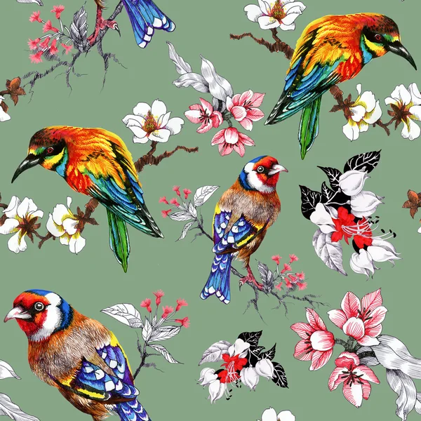 Muster mit Blumen und exotischen Vögeln — Stockfoto