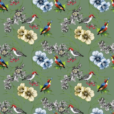 çiçek ve egzotik kuşlar ile desen 