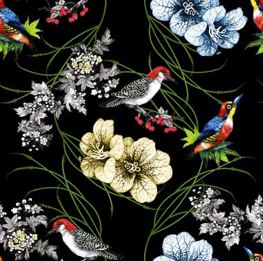 çiçek ve egzotik kuşlar ile desen 