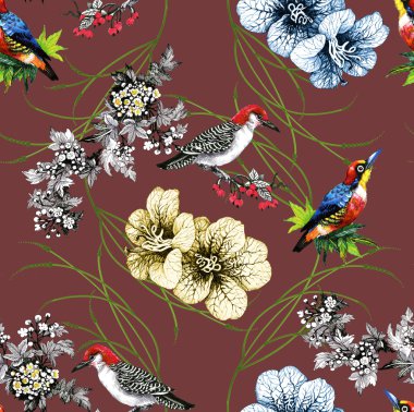 çiçek ve egzotik kuşlar ile desen 