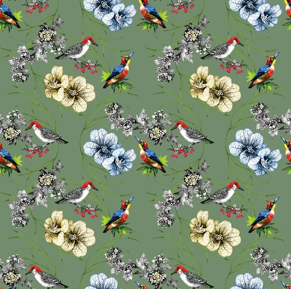 Pattern with  flowers and exotic birds — Stock Photo, Image