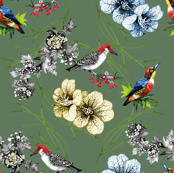 Patrón con flores y aves exóticas —  Fotos de Stock