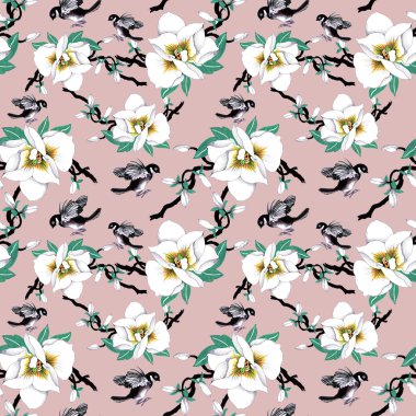 çiçek ve egzotik kuşlar ile desen 