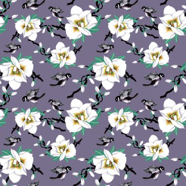 çiçek ve egzotik kuşlar ile desen 