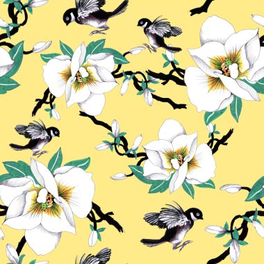 çiçek ve egzotik kuşlar ile desen 