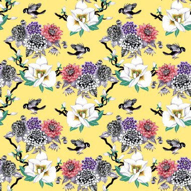 çiçek ve egzotik kuşlar ile desen 