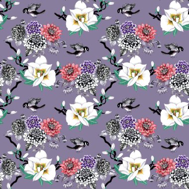 çiçek ve egzotik kuşlar ile desen 