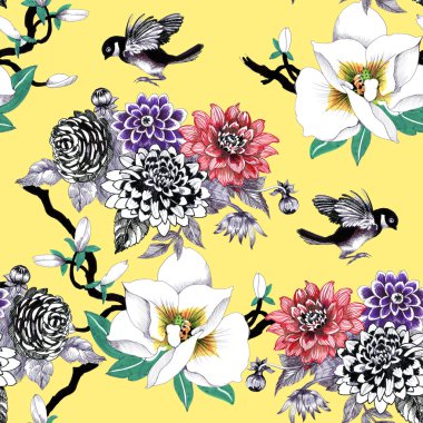 çiçek ve egzotik kuşlar ile desen 