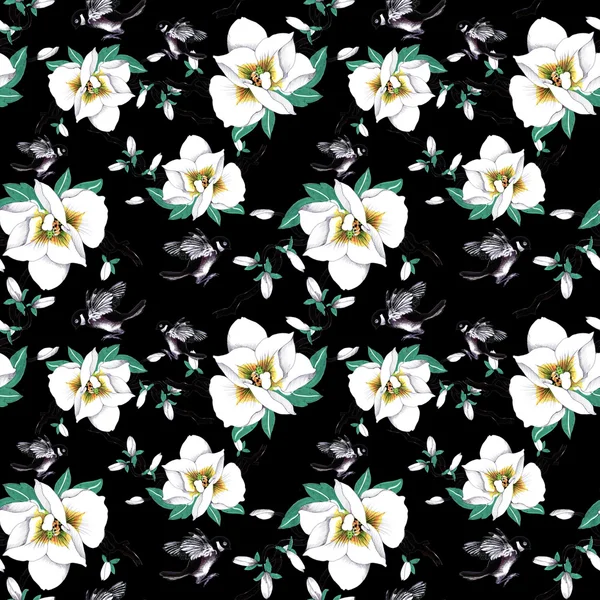 pattern with  flowers and exotic birds 